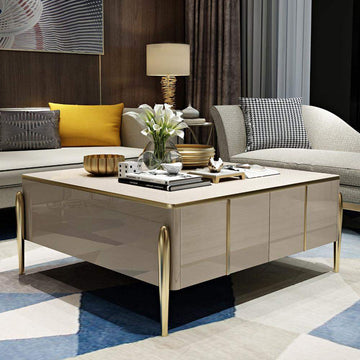 Champagne Square Coffee Table with 4-Drawer Accent Table Tempered Glass Top-Richsoul-Coffee Tables,Furniture,Living Room Furniture
